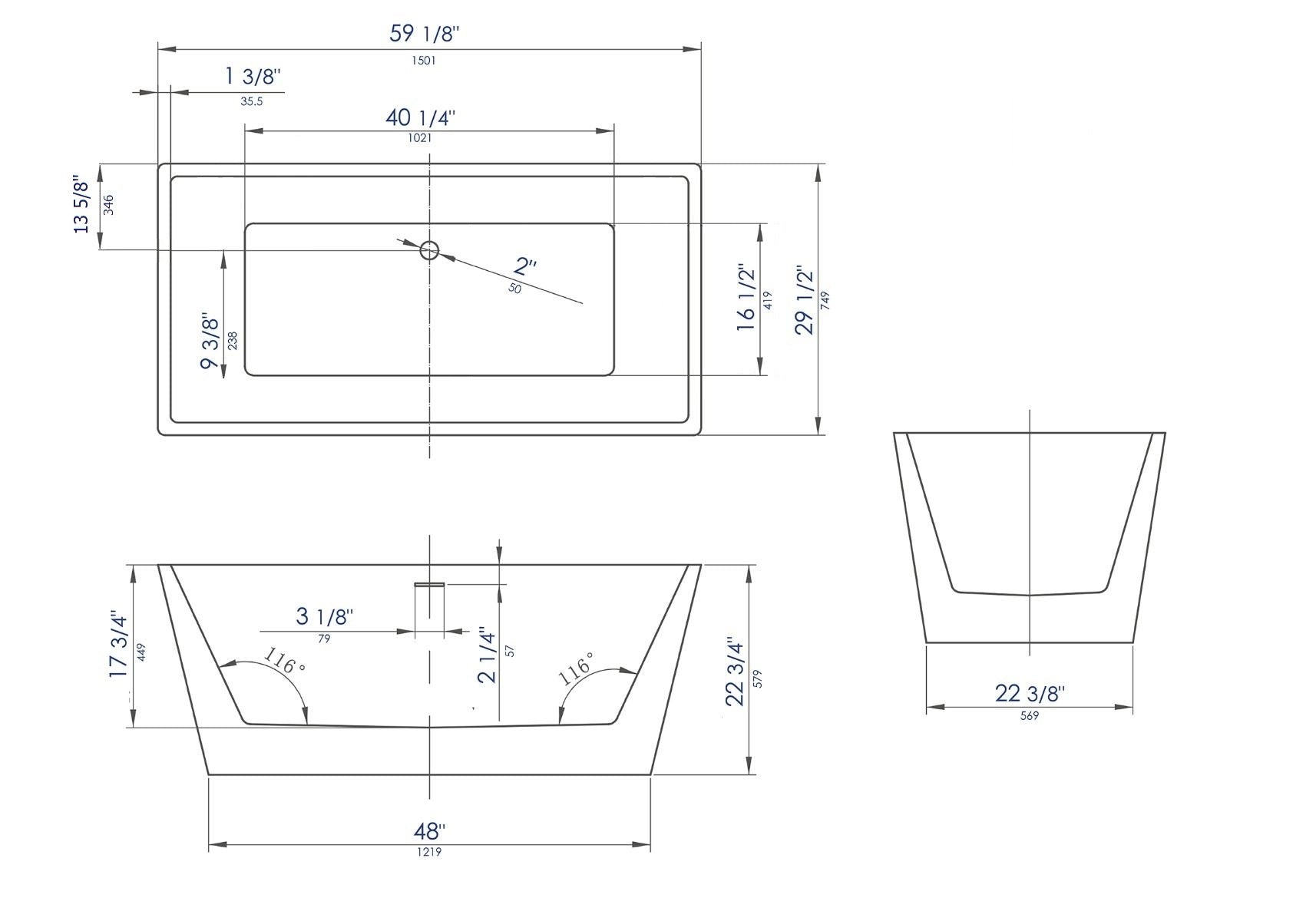 59 Inch White Rectangular Free Standing Soaking Bathtub ALFI Brand (AB8833)